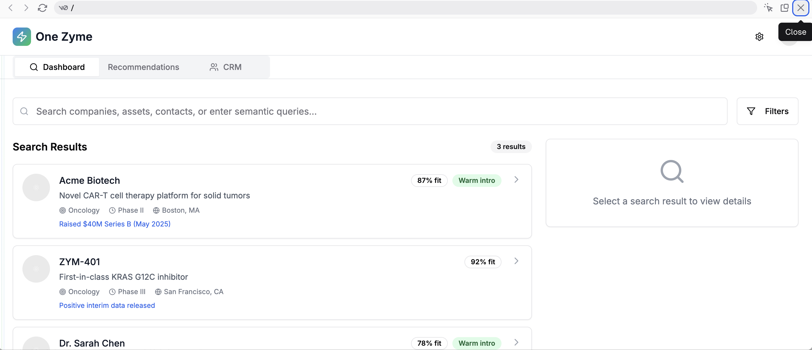 One Zyme Dashboard showing search results and company fit scoring
