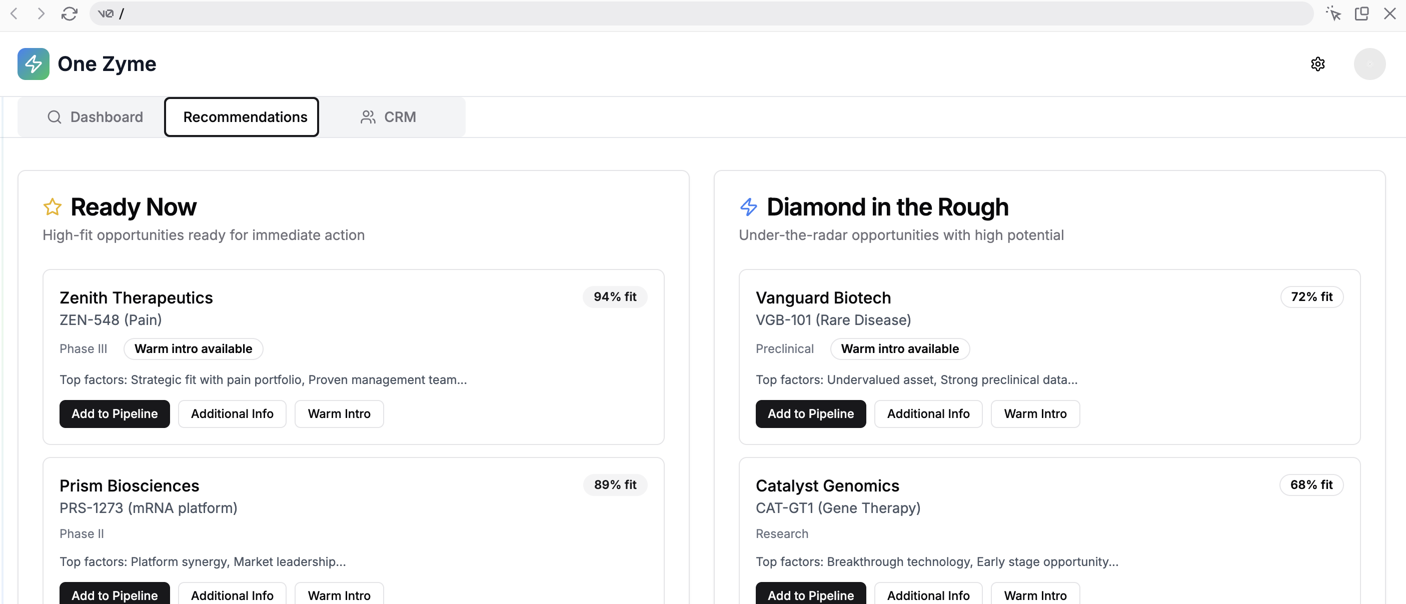 One Zyme Diamond in the Rough interface showing high-potential opportunities and recommendations